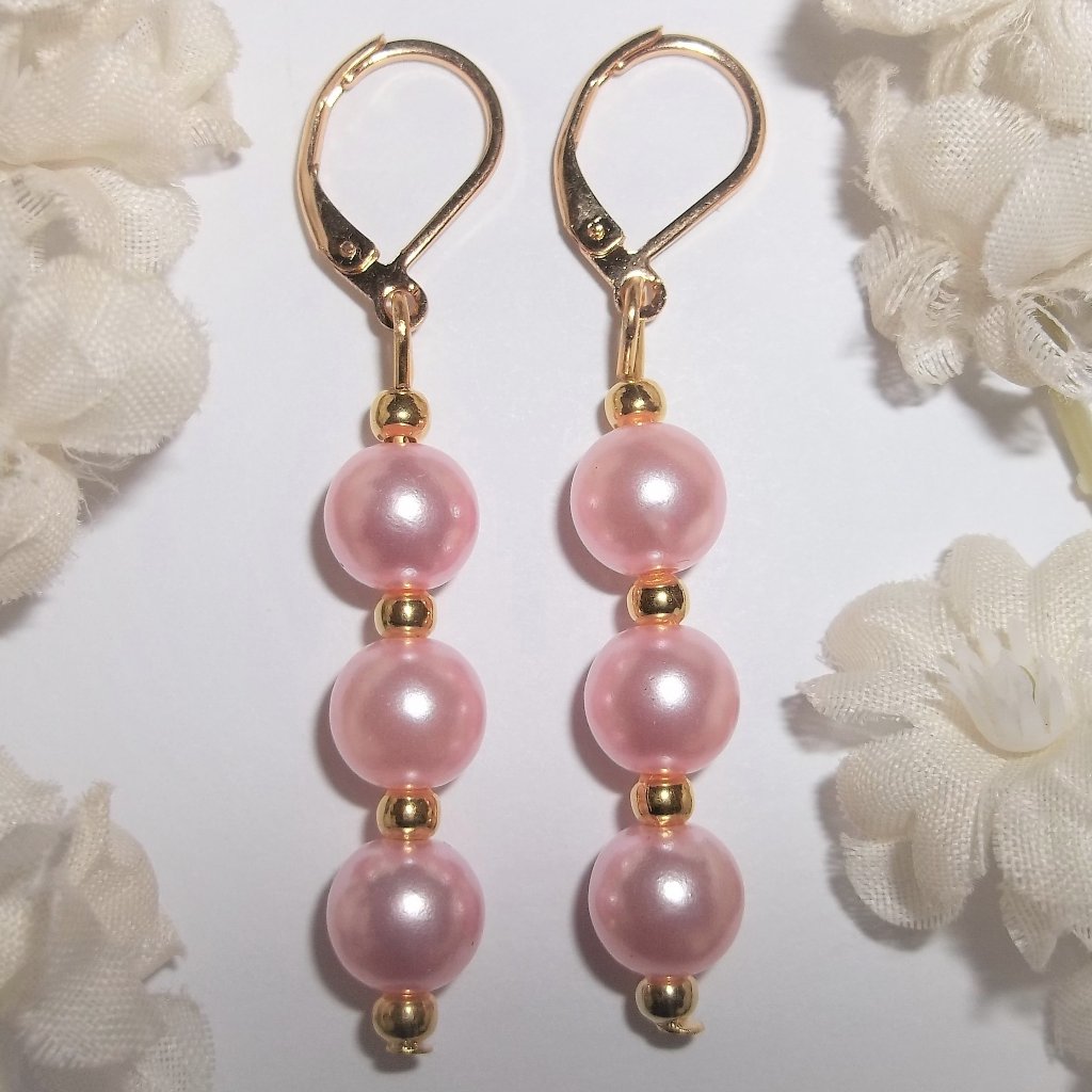 Pink And Gold Earrings, Pink Pearl Earrings, Earrings, Pearls, Earring Set C566